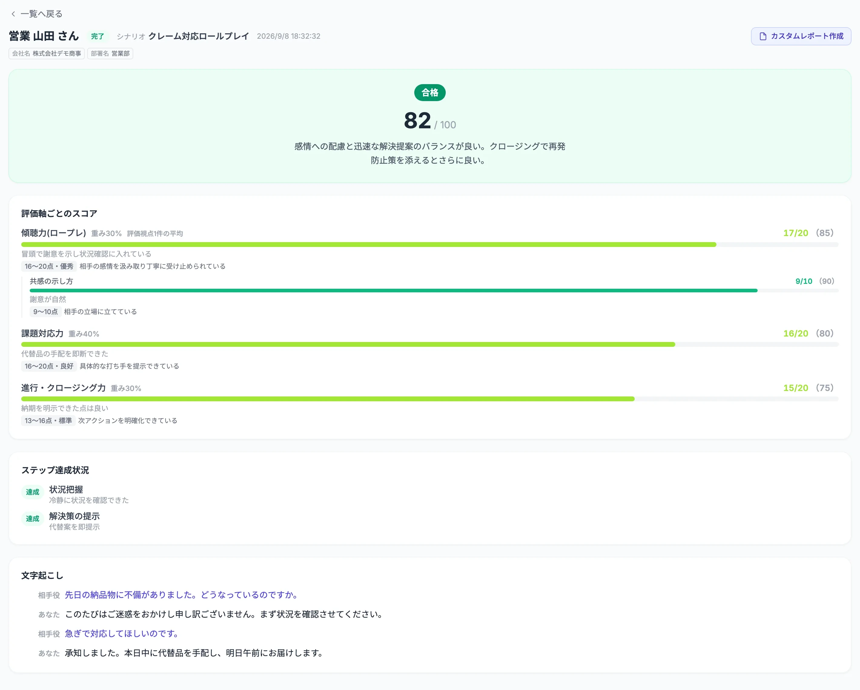 クレーム対応ロールプレイのレポート全体。合格・82/100の総評、傾聴力（重み30%）17/20、課題対応力（重み40%）16/20、進行・クロージング力（重み30%）15/20の評価軸ごとのスコアと評価観点、ステップ達成状況、相手役とあなたの文字起こしが並ぶ。